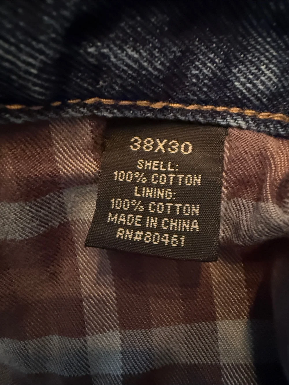 Guide Gear Dark Blue Denim Jeans with brown plaid flannel lining 38x30